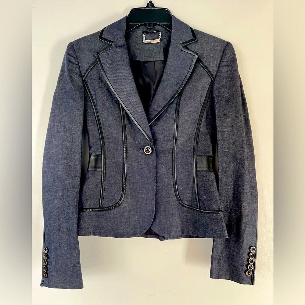 Rock and Republic Tailor Made Navy Denim and Black Leather Trim Blazer - Size 0